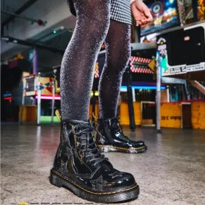 • Dr. Martens • Girls JUNIOR 1460 GLITTER STAR PATENT LACE UP BOOTS Black 7