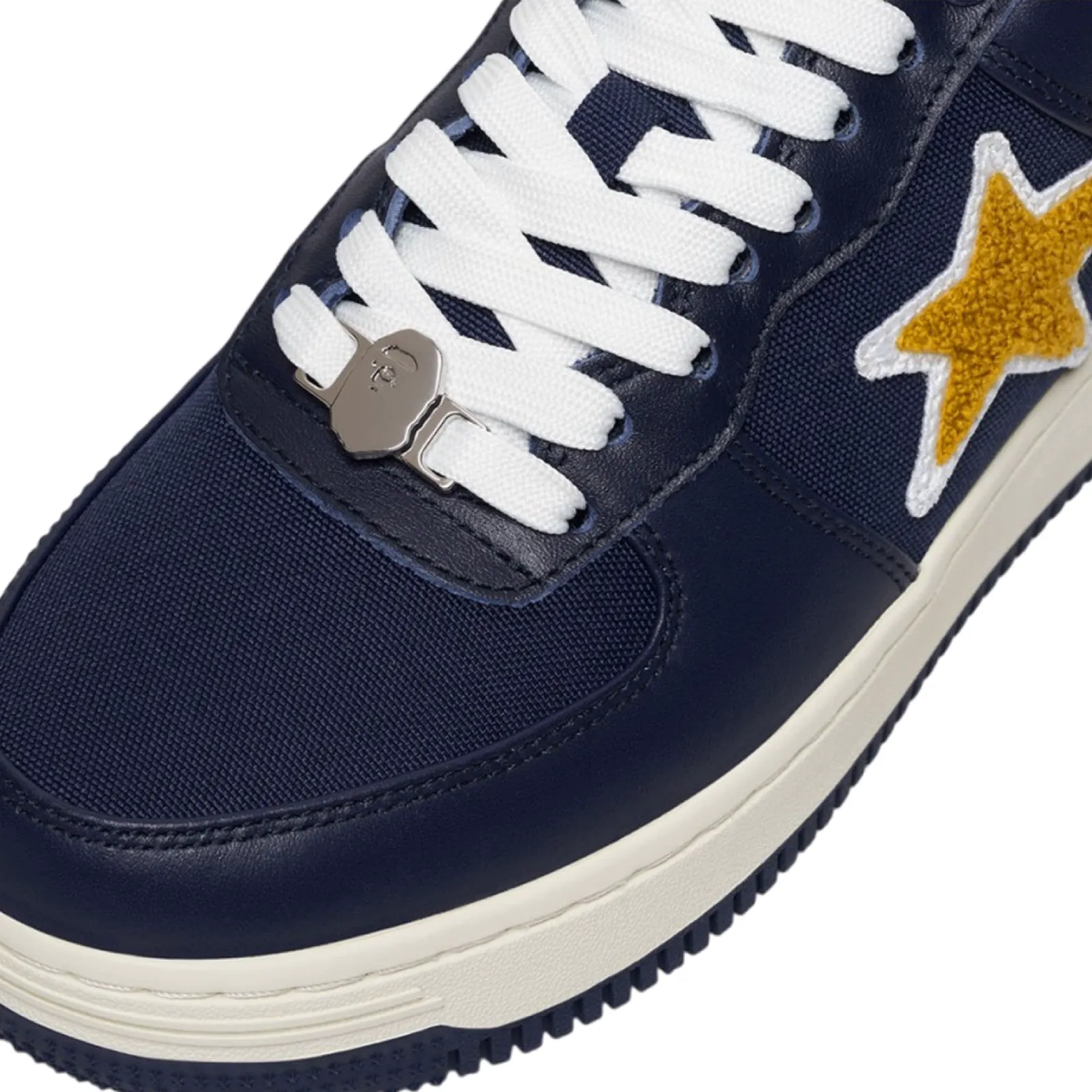 A Bathing Ape x Stadium Goods Bapesta Low Navy Yellow Chenille White