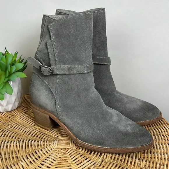 All Saints Grey Suede Split Shaft Block Heel Ankle Booties Boots 38 Leather