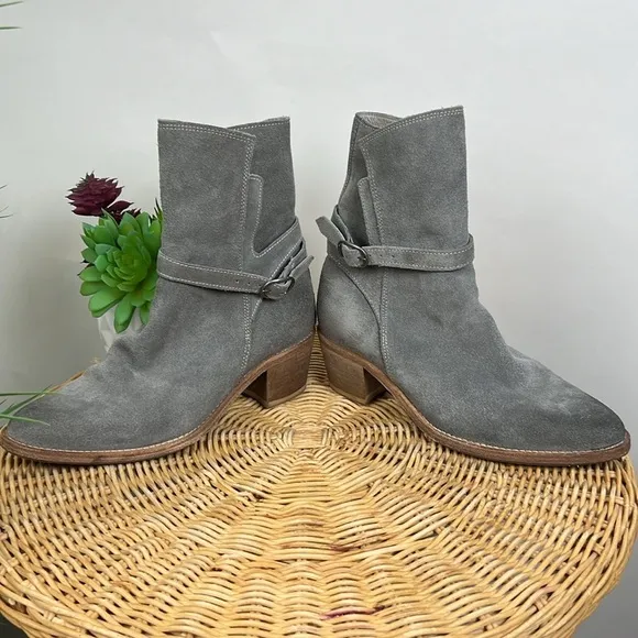 All Saints Grey Suede Split Shaft Block Heel Ankle Booties Boots 38 Leather