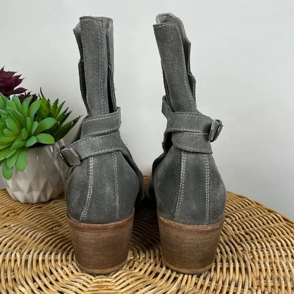 All Saints Grey Suede Split Shaft Block Heel Ankle Booties Boots 38 Leather