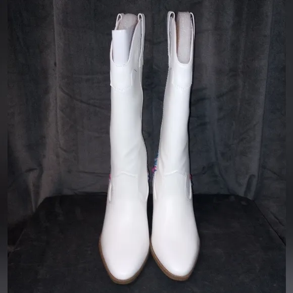 &quot;Cotton Candy&quot; Pink Rhinestone/Pearl Embellished White Cowboy Boots Size 10 NWT