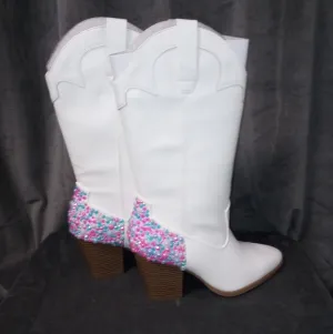 &quot;Cotton Candy&quot; Pink Rhinestone/Pearl Embellished White Cowboy Boots Size 10 NWT