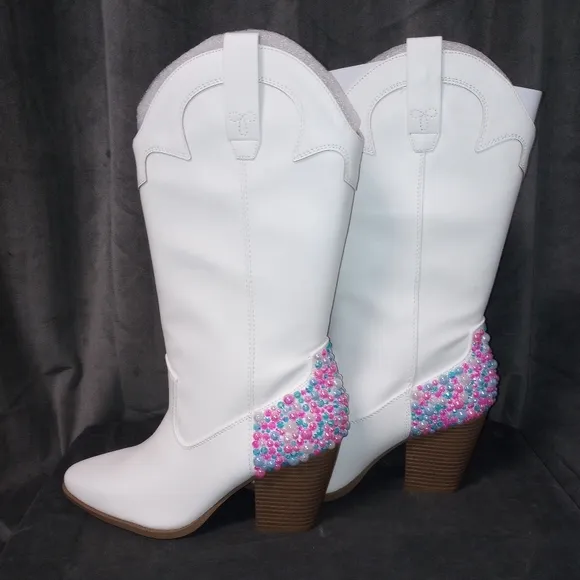 &quot;Cotton Candy&quot; Pink Rhinestone/Pearl Embellished White Cowboy Boots Size 10 NWT