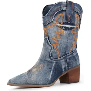 &quot;New Women's Embroidered Cowgirl Boots, Pointed Toe, Chunky Heel, Western Ankle