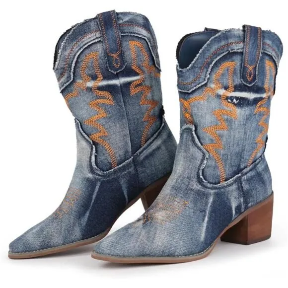 &quot;New Women's Embroidered Cowgirl Boots, Pointed Toe, Chunky Heel, Western Ankle