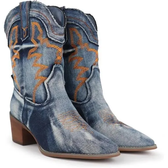 &quot;New Women's Embroidered Cowgirl Boots, Pointed Toe, Chunky Heel, Western Ankle