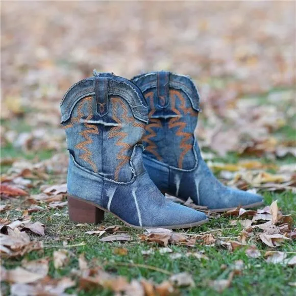 &quot;New Women's Embroidered Cowgirl Boots, Pointed Toe, Chunky Heel, Western Ankle
