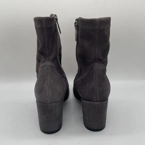 Aquatalia Womens 5.5 Gray Suede Ankle Boots Block Heel Side Zipper Square Toe
