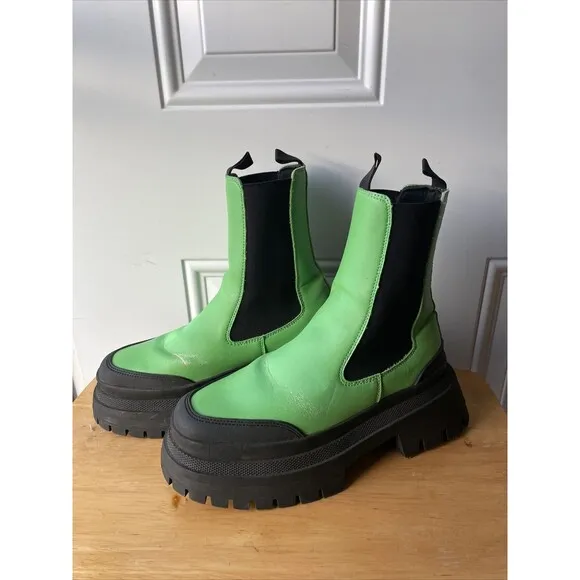 ASOS DESIGN Chunky Chelsea Boots EU 38 Mens 6 Womens 7.5-8 Neon Green Black