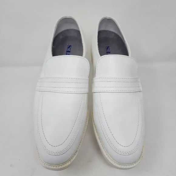 Bates Leather Mocassins Mens 9 Wide White Stitched Almond Toe Shoes