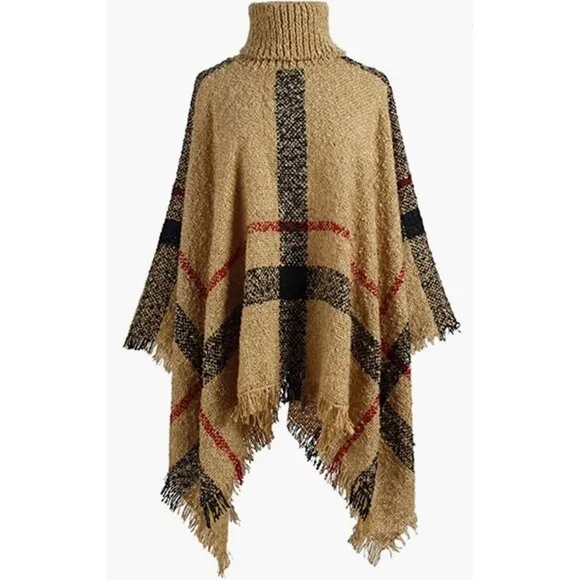 Beige Turtleneck Plaid Print Frayed Hem Poncho Wrap Pashmina Sweater Shawl