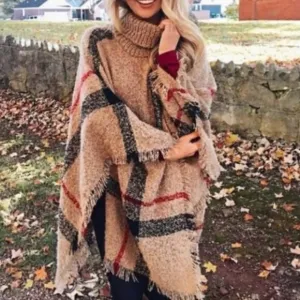 Beige Turtleneck Plaid Print Frayed Hem Poncho Wrap Pashmina Sweater Shawl