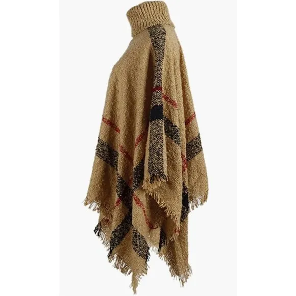 Beige Turtleneck Plaid Print Frayed Hem Poncho Wrap Pashmina Sweater Shawl