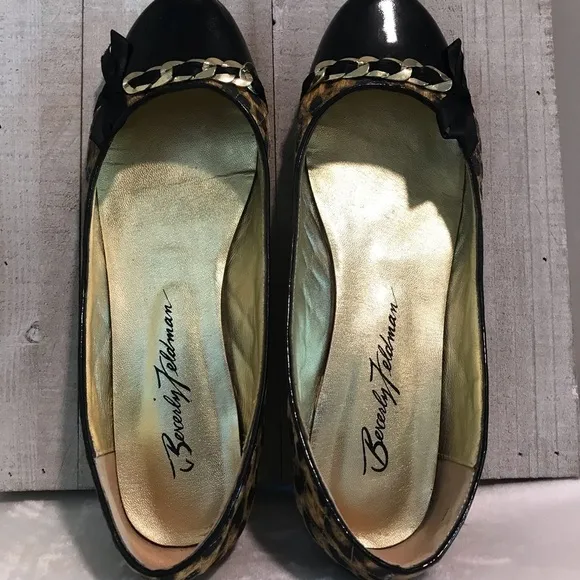 Beverly Feldman Leopard Black Patent Leather Flats
