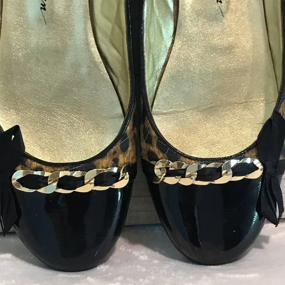 Beverly Feldman Leopard Black Patent Leather Flats