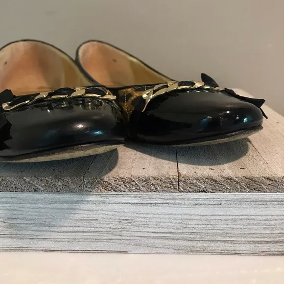 Beverly Feldman Leopard Black Patent Leather Flats