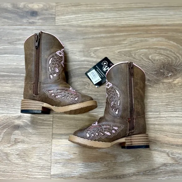 Blazin Roxx Toddler Wing Inlay Square Toe Tan Cowgirl Boots Pink Size 4 NWT
