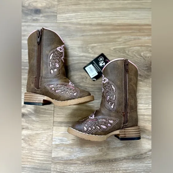 Blazin Roxx Toddler Wing Inlay Square Toe Tan Cowgirl Boots Pink Size 4 NWT
