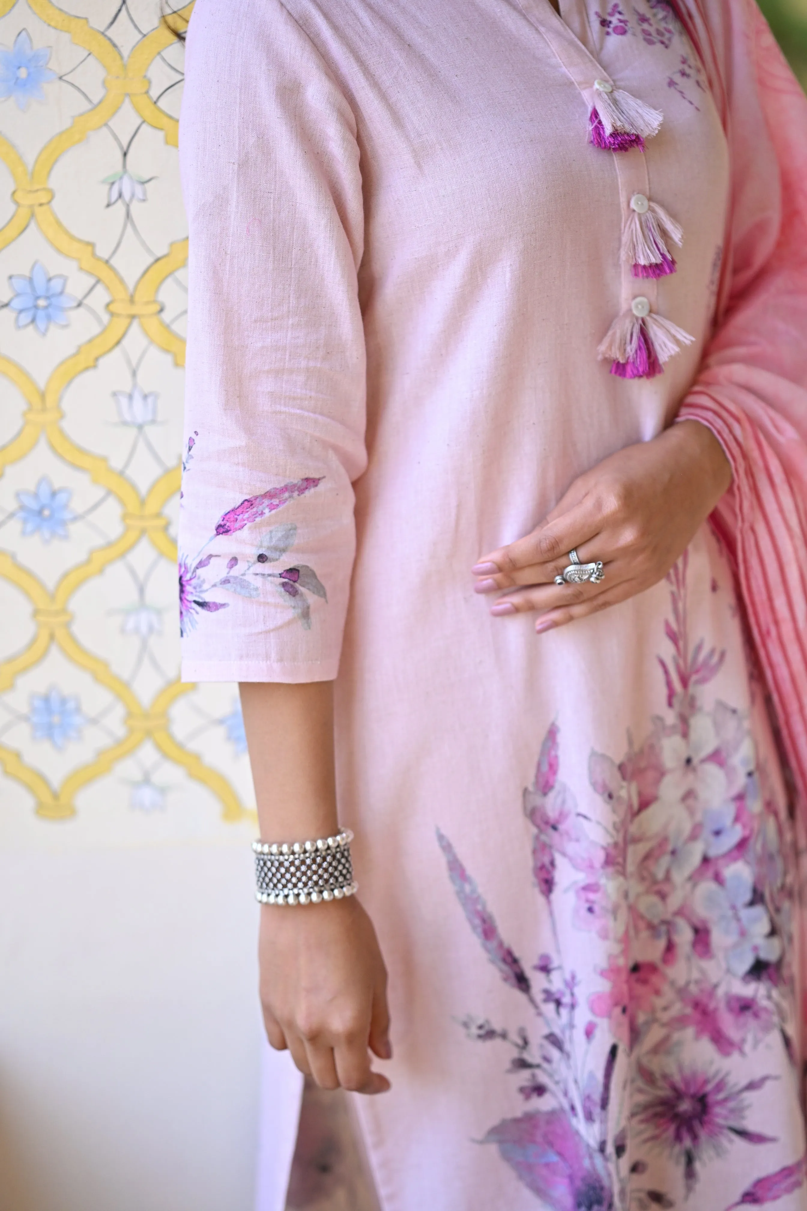 Blush Pink Floral Print Cotton Suit Set
