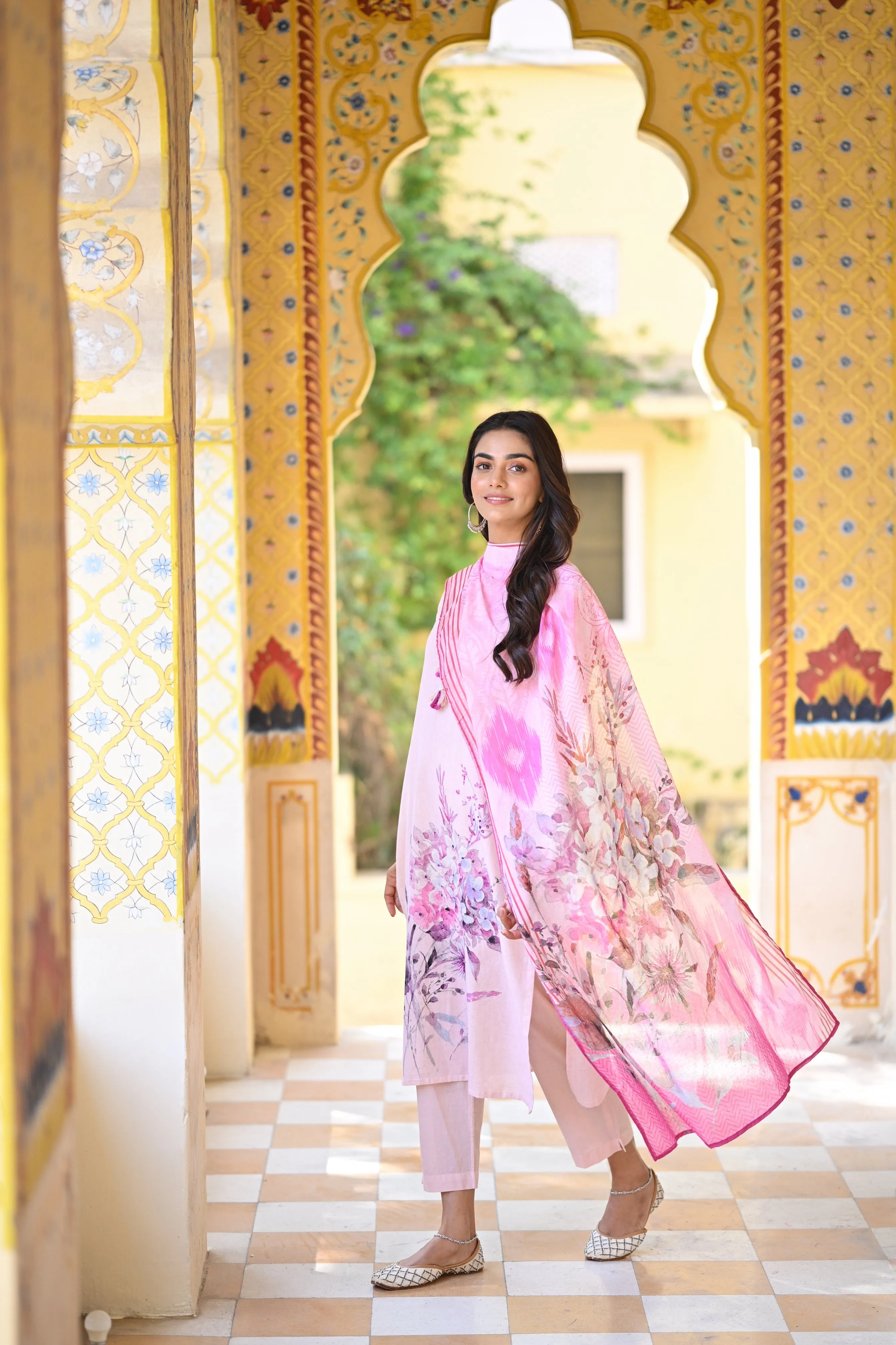 Blush Pink Floral Print Cotton Suit Set