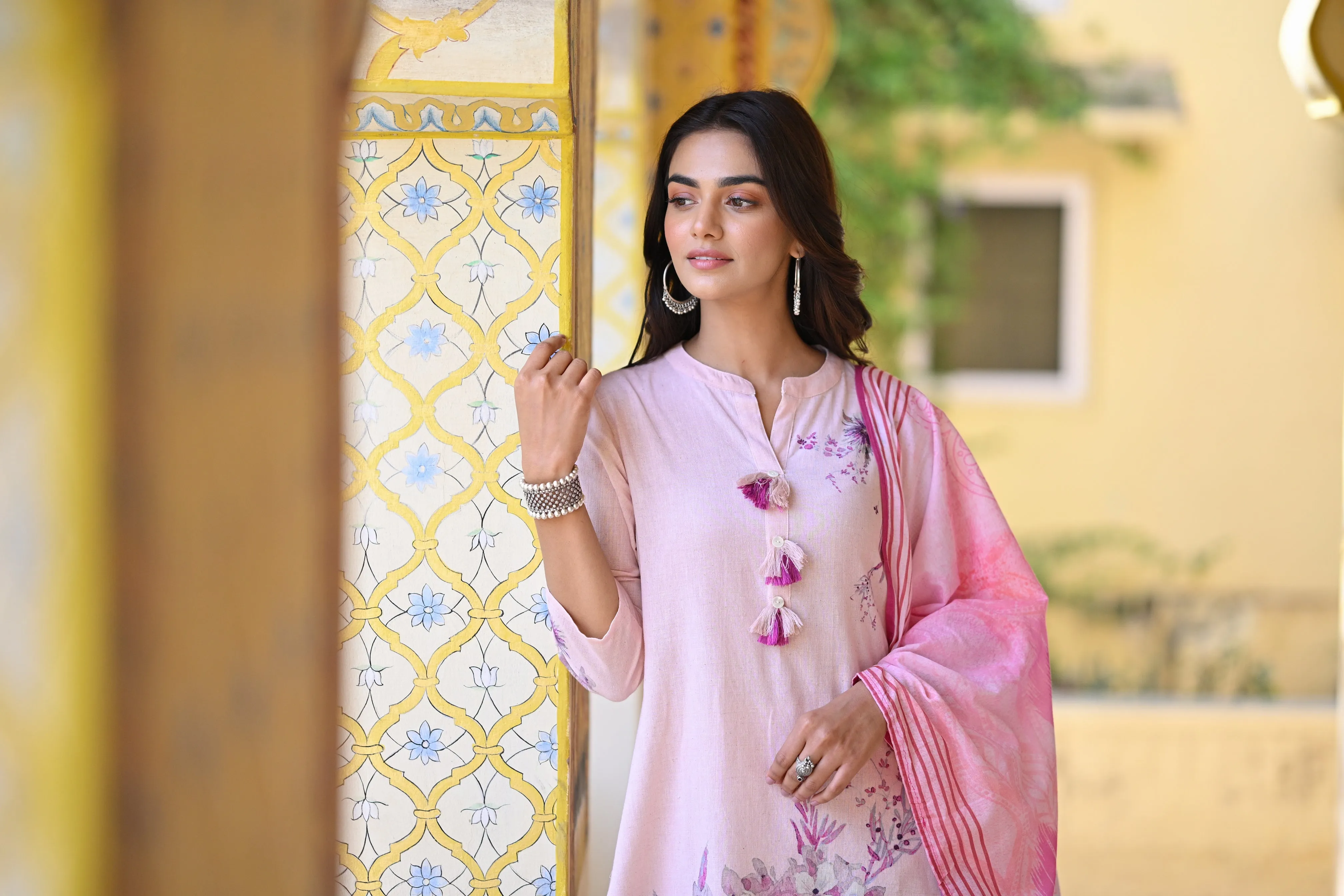 Blush Pink Floral Print Cotton Suit Set