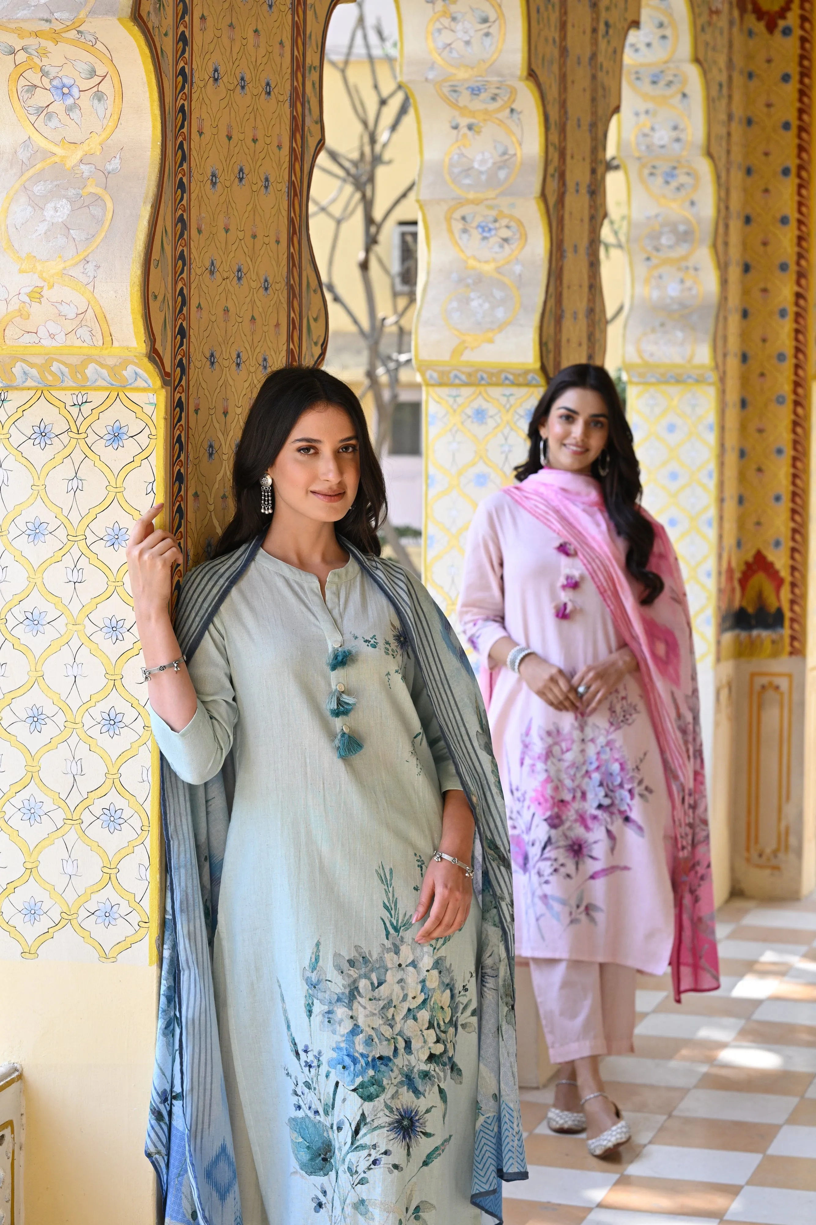 Blush Pink Floral Print Cotton Suit Set