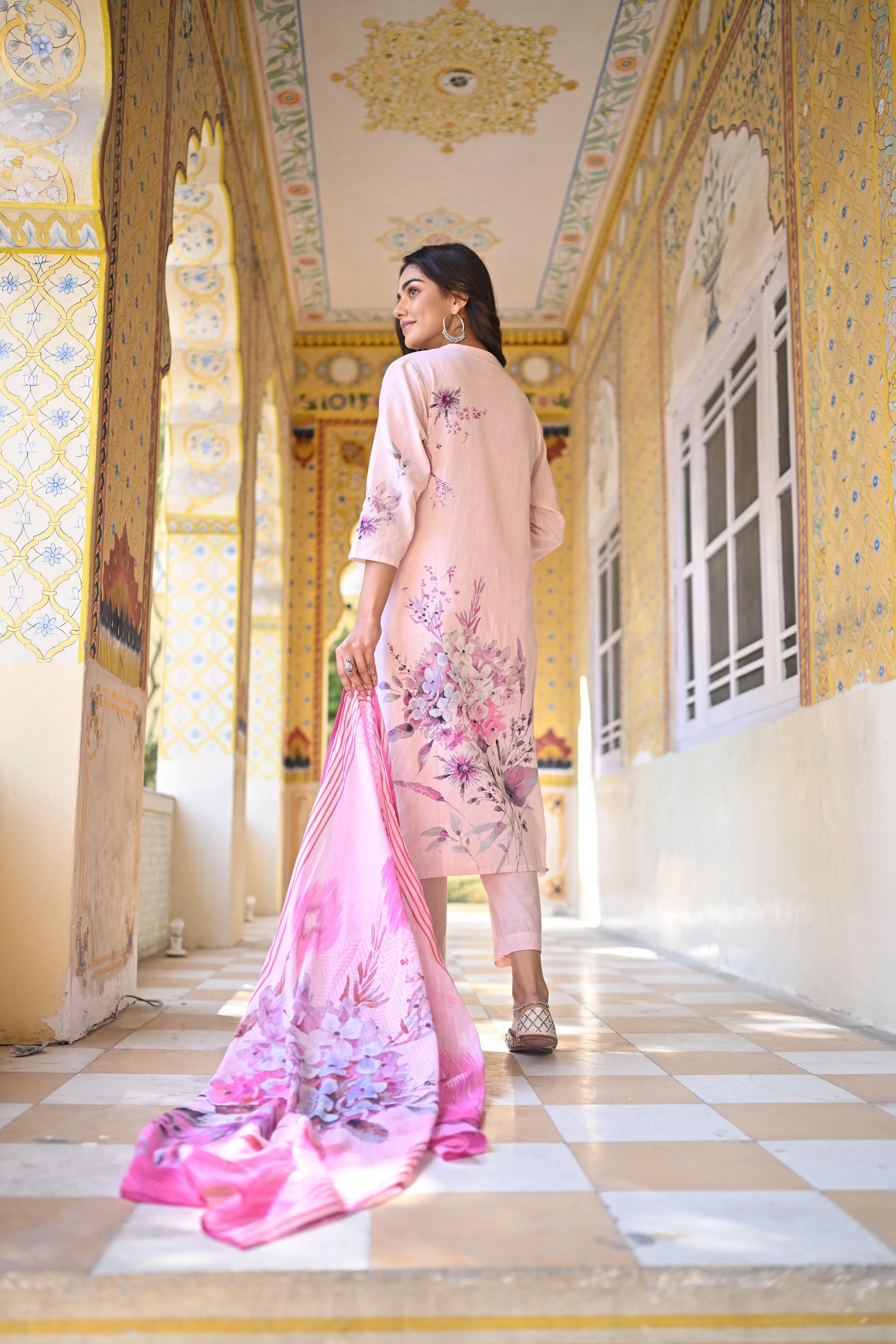 Blush Pink Floral Print Cotton Suit Set