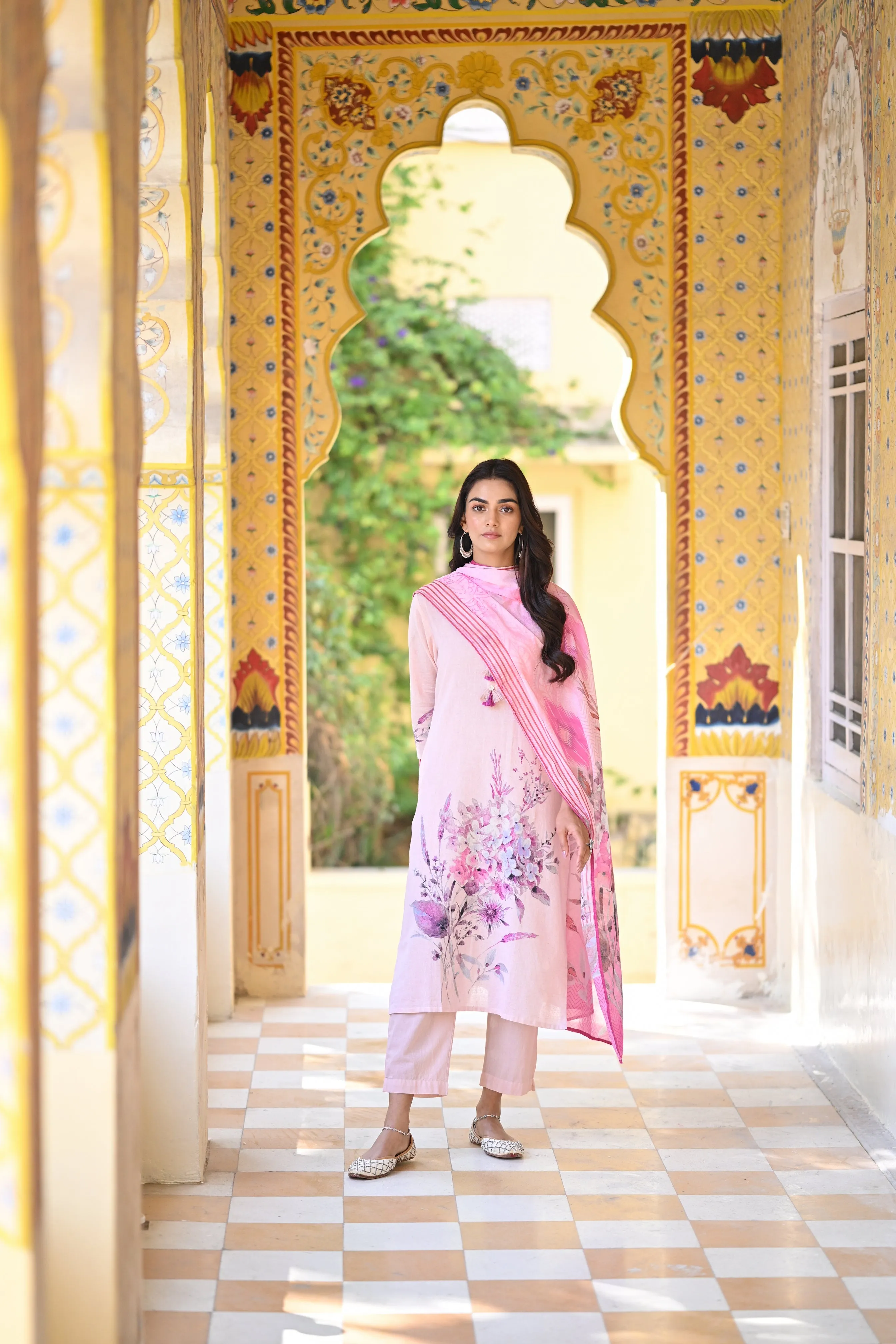 Blush Pink Floral Print Cotton Suit Set