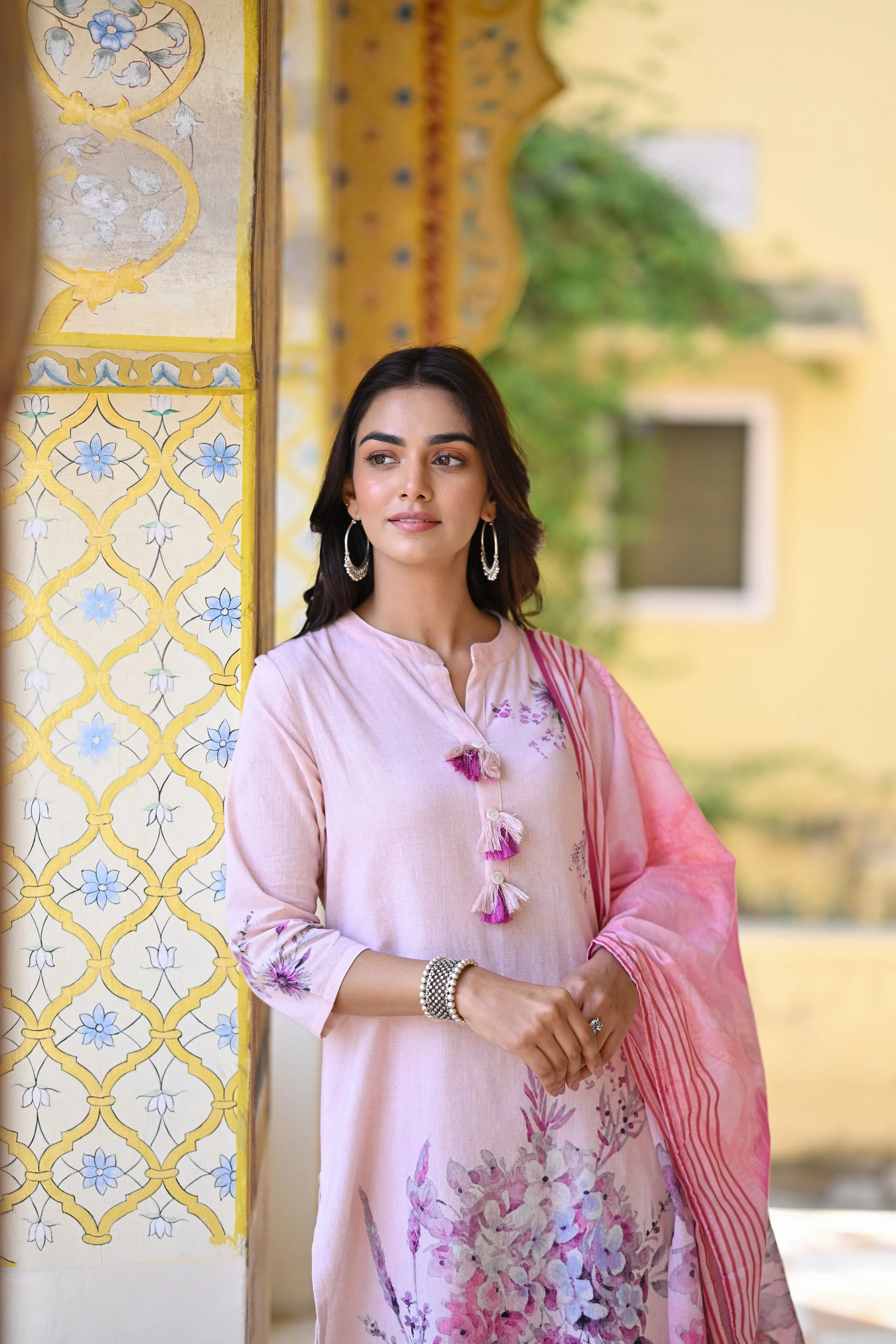 Blush Pink Floral Print Cotton Suit Set