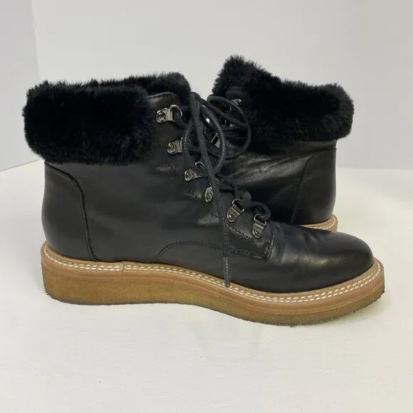 Botkier Winter Boots Black Leather Faux Fur Trim Round Toe Lace Up Size 5.5