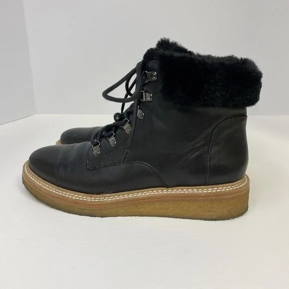 Botkier Winter Boots Black Leather Faux Fur Trim Round Toe Lace Up Size 5.5