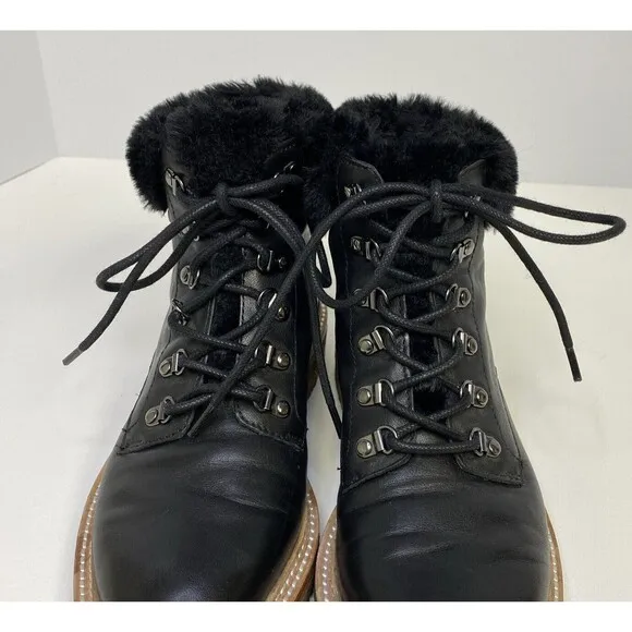 Botkier Winter Boots Black Leather Faux Fur Trim Round Toe Lace Up Size 5.5