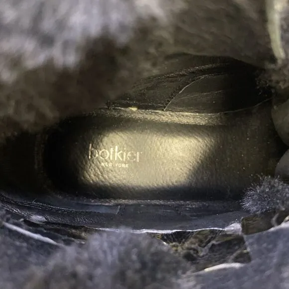 Botkier Winter Boots Black Leather Faux Fur Trim Round Toe Lace Up Size 5.5