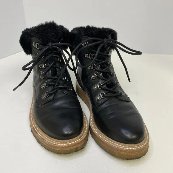 Botkier Winter Boots Black Leather Faux Fur Trim Round Toe Lace Up Size 5.5