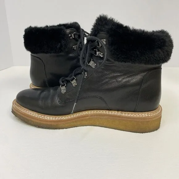 Botkier Winter Boots Black Leather Faux Fur Trim Round Toe Lace Up Size 5.5