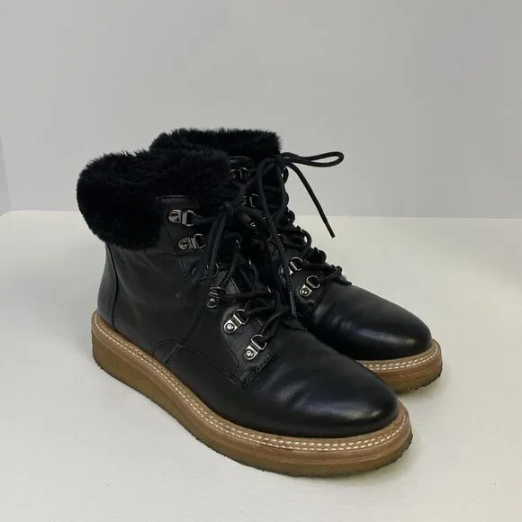 Botkier Winter Boots Black Leather Faux Fur Trim Round Toe Lace Up Size 5.5