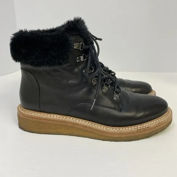 Botkier Winter Boots Black Leather Faux Fur Trim Round Toe Lace Up Size 5.5
