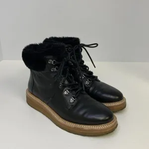 Botkier Winter Boots Black Leather Faux Fur Trim Round Toe Lace Up Size 5.5