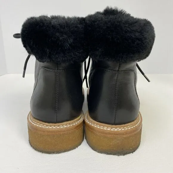 Botkier Winter Boots Black Leather Faux Fur Trim Round Toe Lace Up Size 5.5