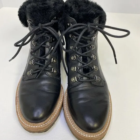 Botkier Winter Boots Black Leather Faux Fur Trim Round Toe Lace Up Size 5.5
