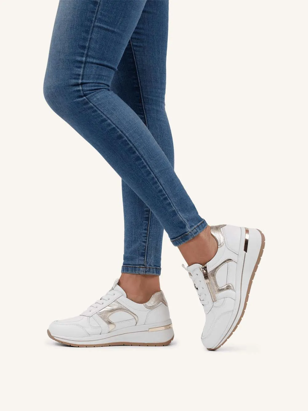 Caprice Leather Zip Trainer White Gold