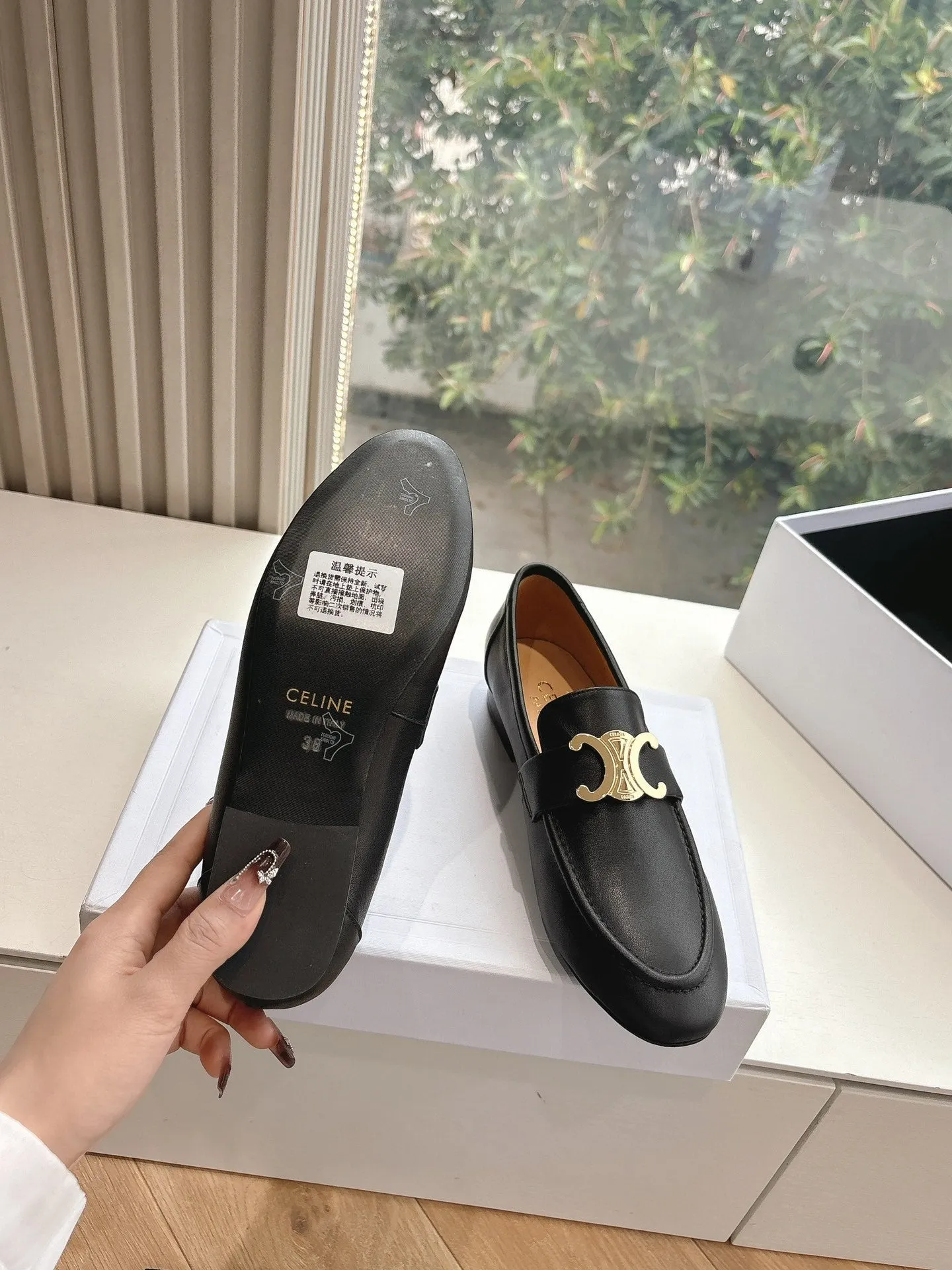 CELINE Buckle Triomphe Loafers Black Leather