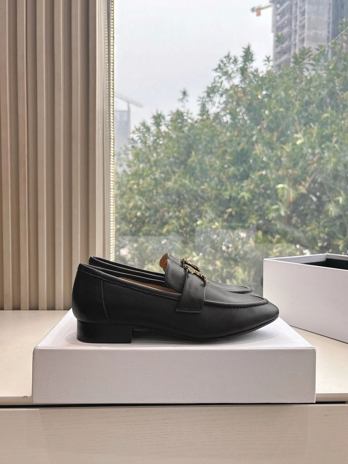 CELINE Buckle Triomphe Loafers Black Leather