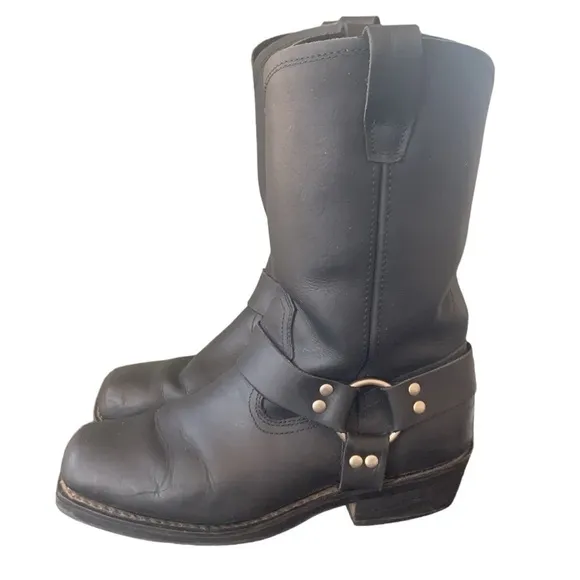 Cody James Leather Pull On Black Leather Harness Motorcycle Boots Size 9.5 W