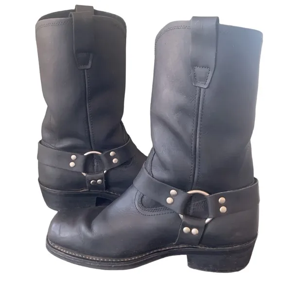 Cody James Leather Pull On Black Leather Harness Motorcycle Boots Size 9.5 W
