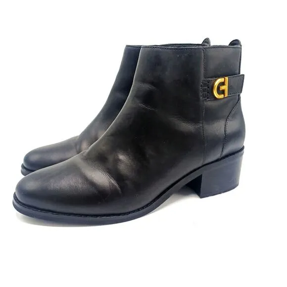 COLE HAAN Hollis Leather Ankle Booties | Chic Minimalist Black Gold Zip Boots