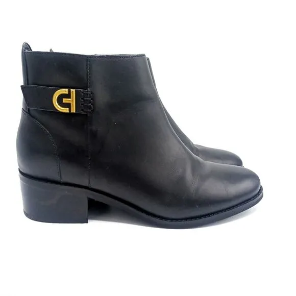 COLE HAAN Hollis Leather Ankle Booties | Chic Minimalist Black Gold Zip Boots