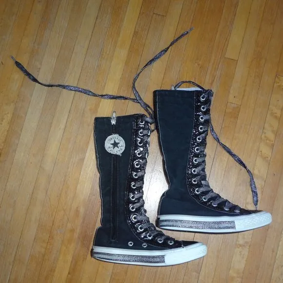 Converse knee high xxhi boots 10.5 black silver sparkles RARE punk rock n roll