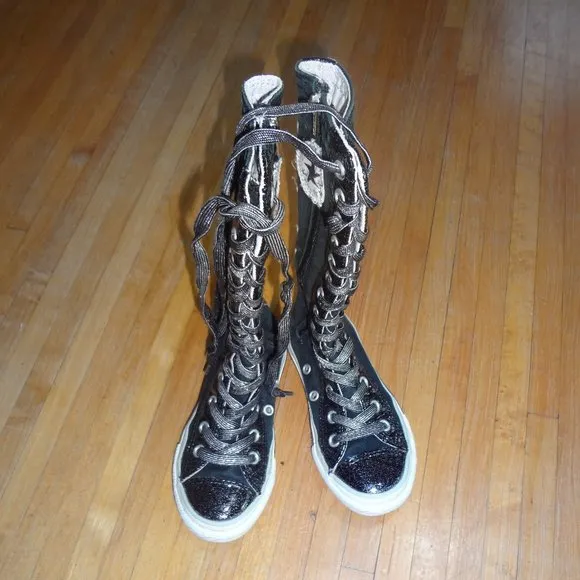 Converse knee high xxhi boots 10.5 black silver sparkles RARE punk rock n roll